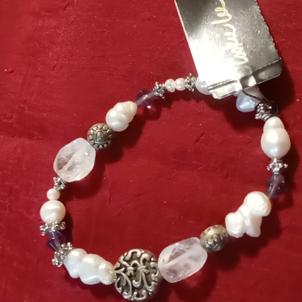 Cookie Lee genuine quartz & fresh water pearl expandable bracelet NWT